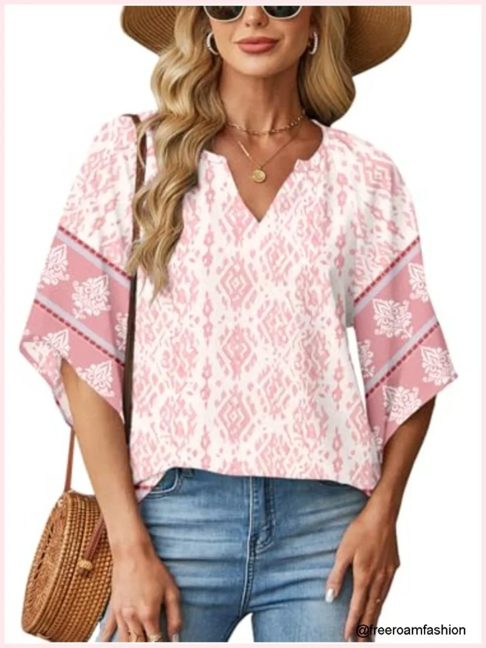 Women's Boho V-Neck 3/4 Bell Sleeve Tunic Blouse Loose Fit Peasant Top